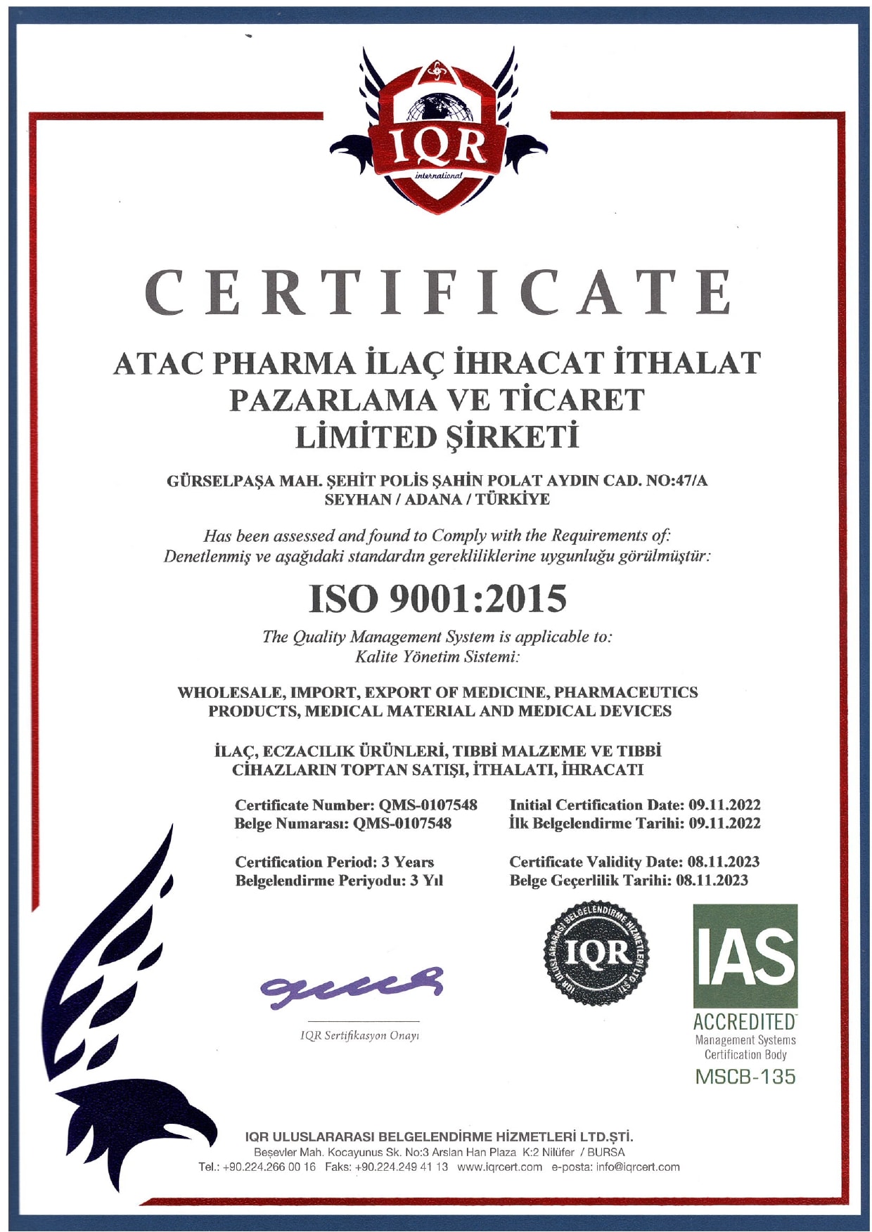ATAC PHARMA ISO 9001 kalite politikası